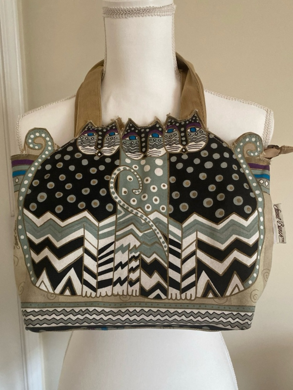 Laurel Burch Black, Beige & Mint Cat Trio Tote - Picture 6 of 6